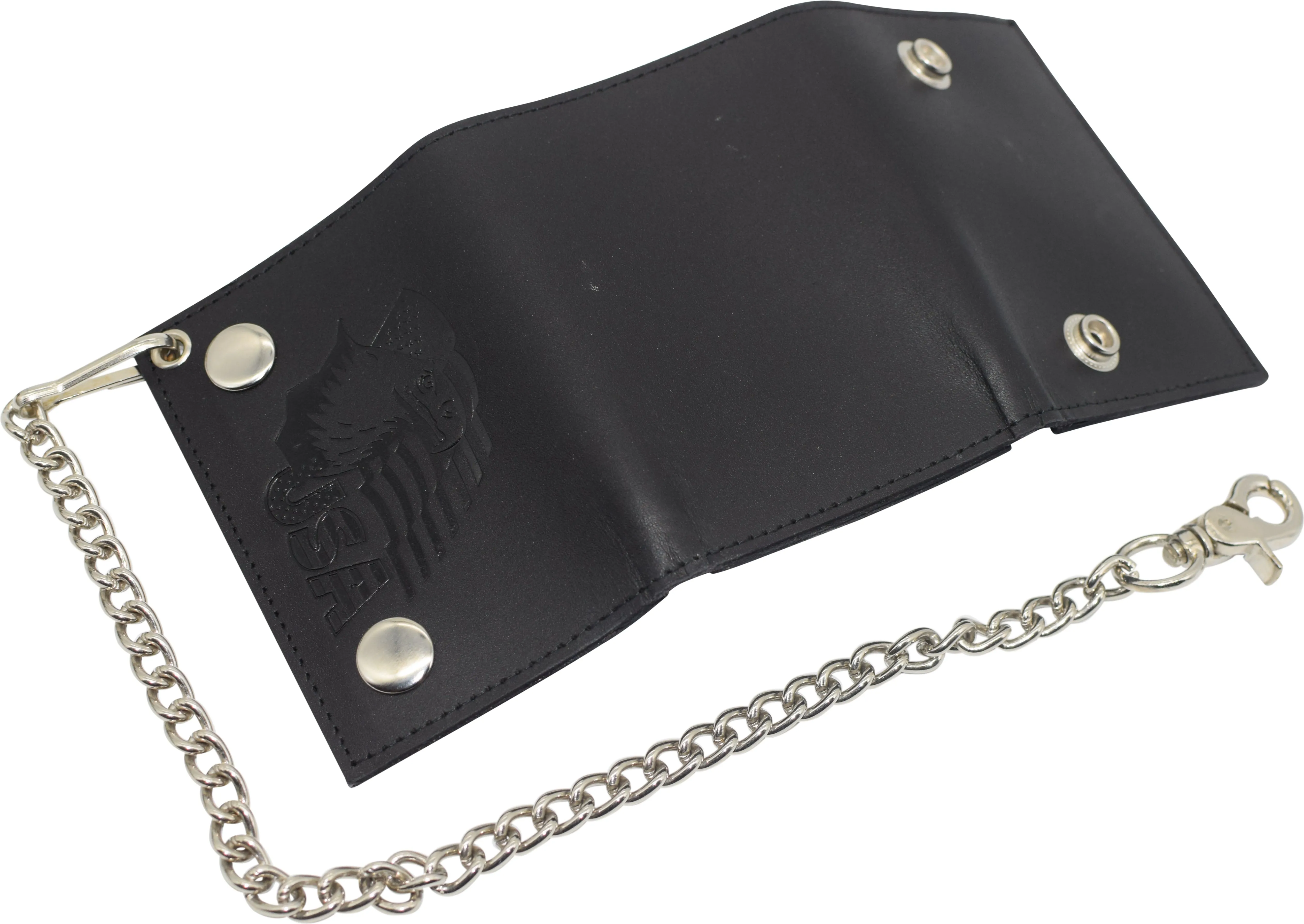RFID Blocking Men's Tri-fold Biker Cowhide Genuine Leather Steel Chain Eagle USA Wallet Snap closure