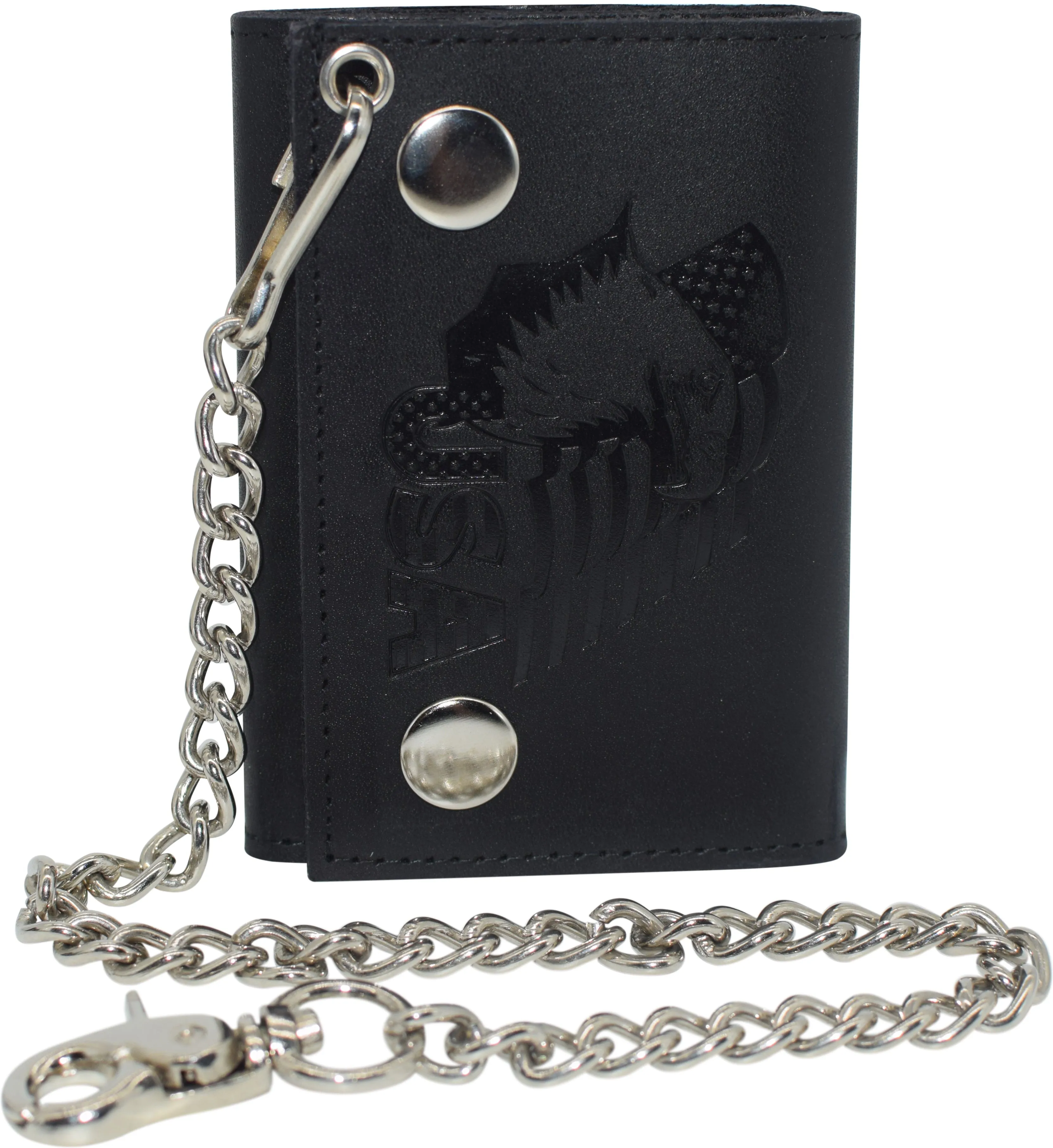 RFID Blocking Men's Tri-fold Biker Cowhide Genuine Leather Steel Chain Eagle USA Wallet Snap closure