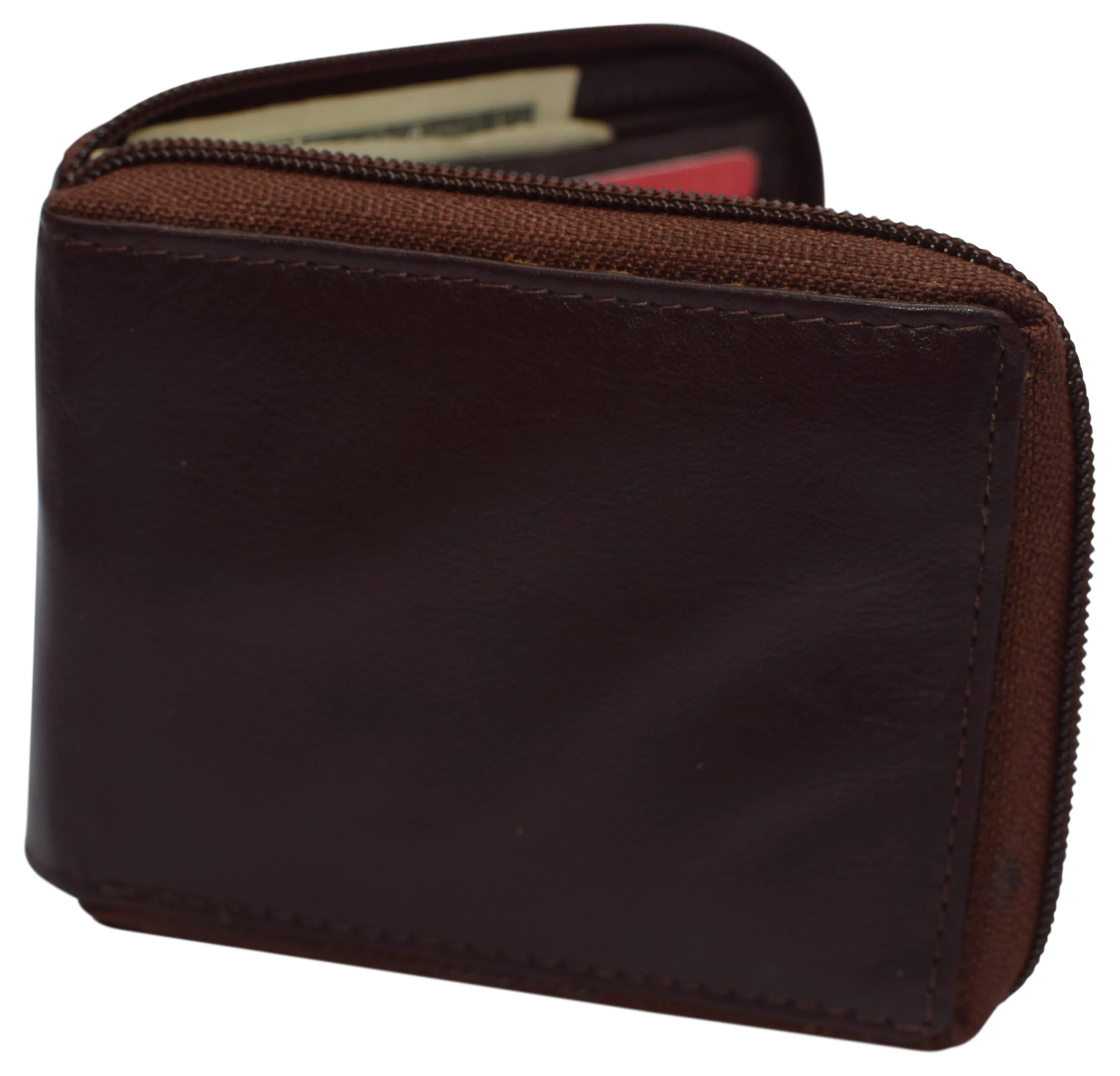 RFID Blocking Mens Zip Around Wallet Cowhide Leather Zipper Bifold