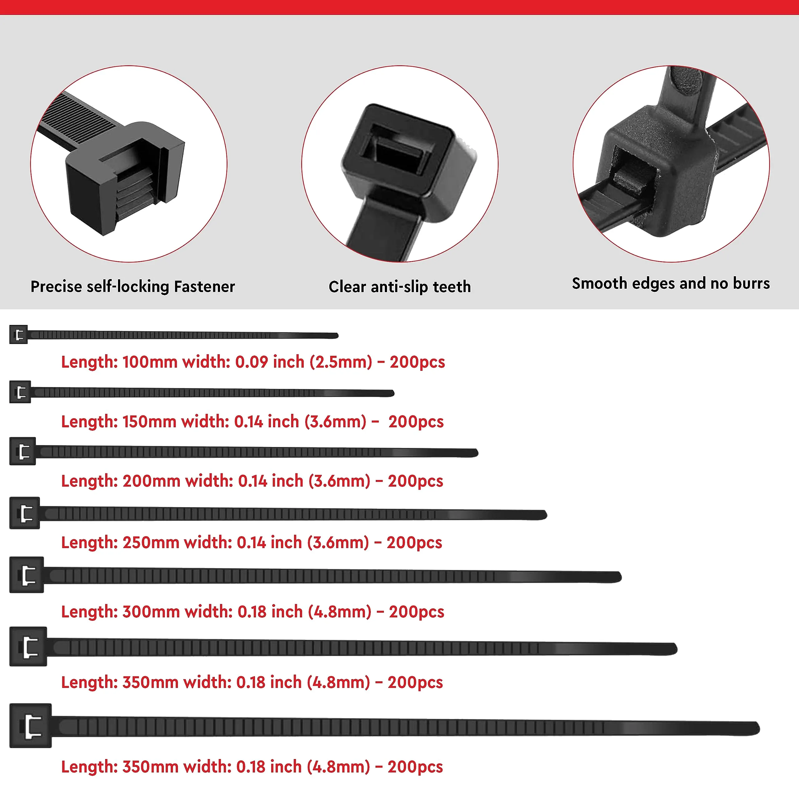 Robustt Self Locking Cable Ties | 200 X 3.6 mm | 200 Pieces, Black | Heat Resistant Cable Zip Ties | Self-Locking Cable Organizer | Anti - Slip Wire Organizer | For Indoor & Outdoor Use