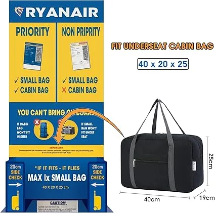 Ryanair Airlines Cabin Bag 40x20x25 Underseat Foldable Travel Duffel Bag Holdall Tote Carry on Hand Luggage Overnight for Women and Men 20L
