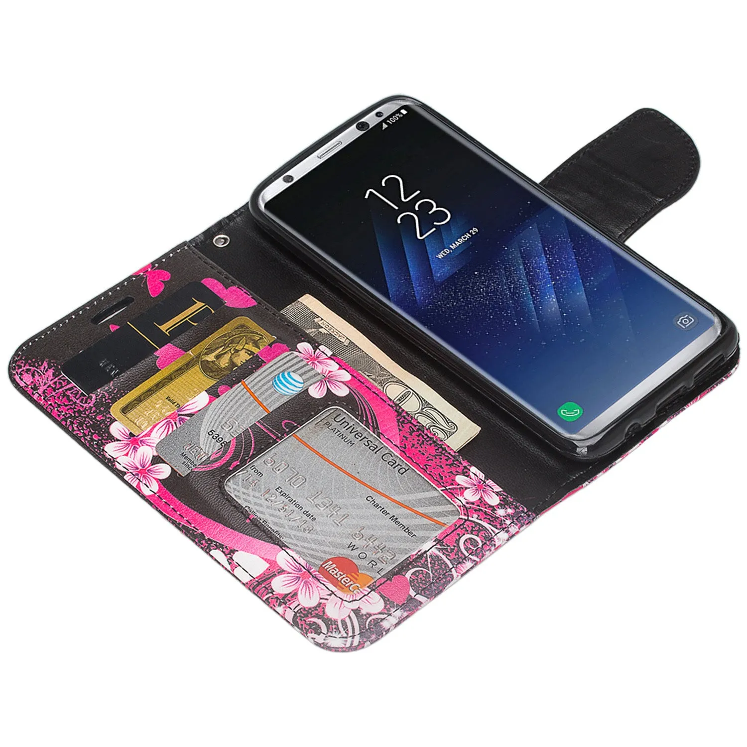 Samsung Galaxy S8 Case, SM-G950 Wallet Case, Wrist Strap Pu Leather Wallet Case [Kickstand] with ID & Credit Card Slots - Heart Butterflies