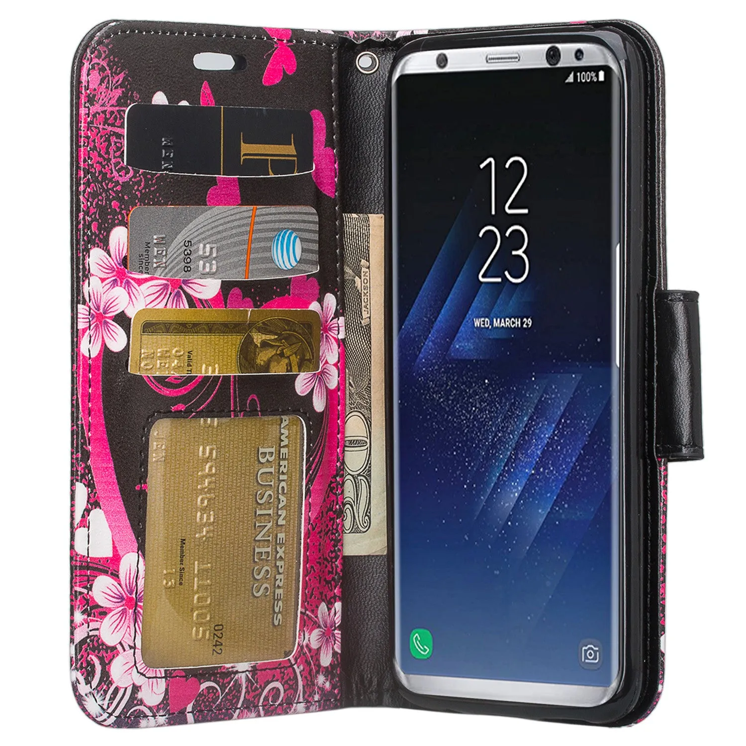 Samsung Galaxy S8 Case, SM-G950 Wallet Case, Wrist Strap Pu Leather Wallet Case [Kickstand] with ID & Credit Card Slots - Heart Butterflies