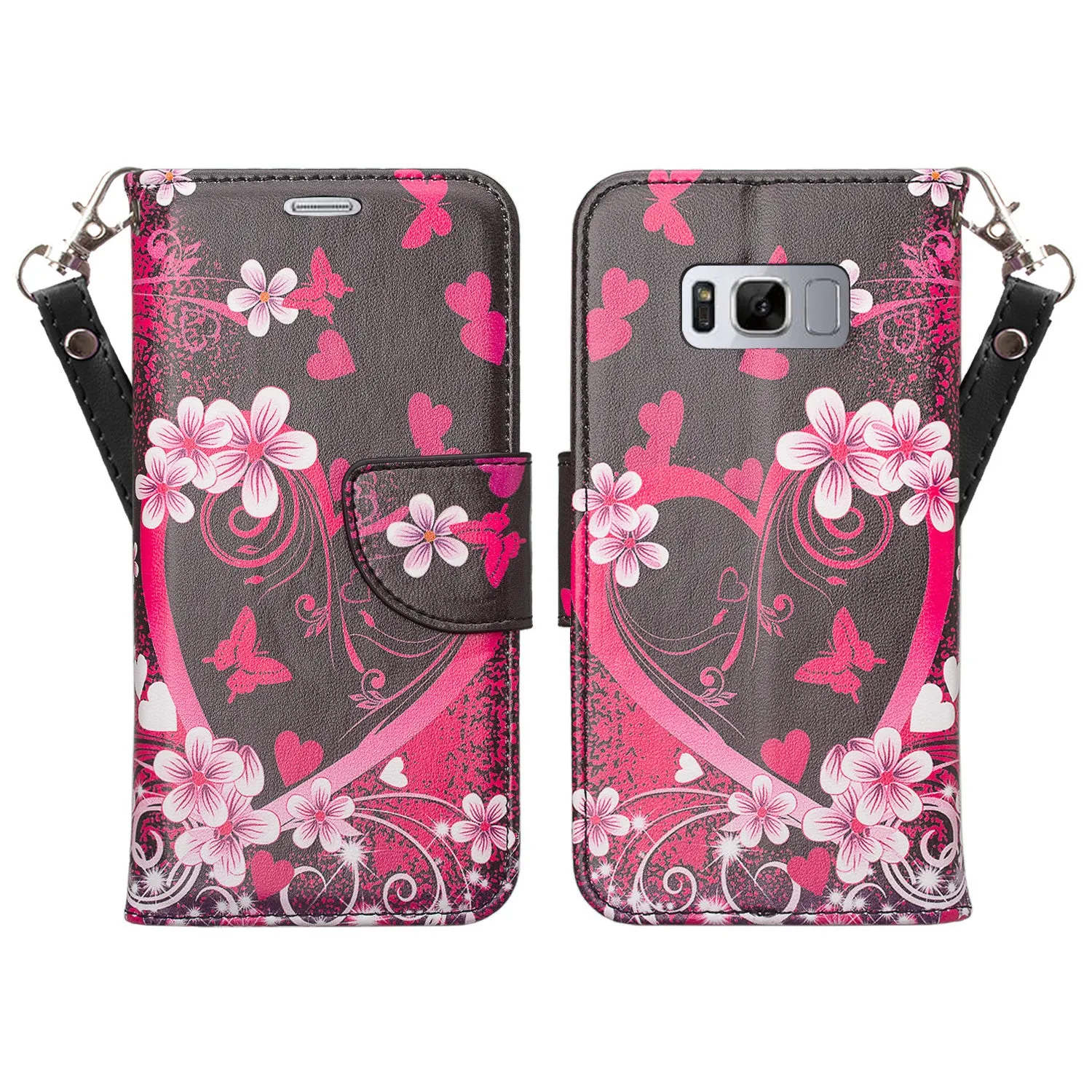 Samsung Galaxy S8 Case, SM-G950 Wallet Case, Wrist Strap Pu Leather Wallet Case [Kickstand] with ID & Credit Card Slots - Heart Butterflies