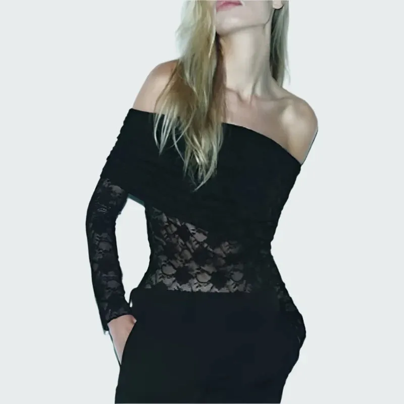 See Through Lace Black Off Shoulder Long Sleeve Crop Top Sexy Fashion T Shirt Women 2024 Fall Clothing P71-BG11