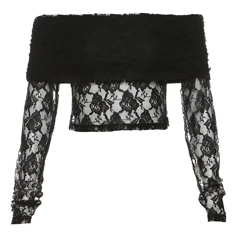 See Through Lace Black Off Shoulder Long Sleeve Crop Top Sexy Fashion T Shirt Women 2024 Fall Clothing P71-BG11