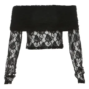 See Through Lace Black Off Shoulder Long Sleeve Crop Top Sexy Fashion T Shirt Women 2024 Fall Clothing P71-BG11
