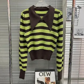 Striped Colorblock Sweater For Women Peter Pan Collar Long Sleeve Knitting Casual Pullovers Female Clothing Fashion