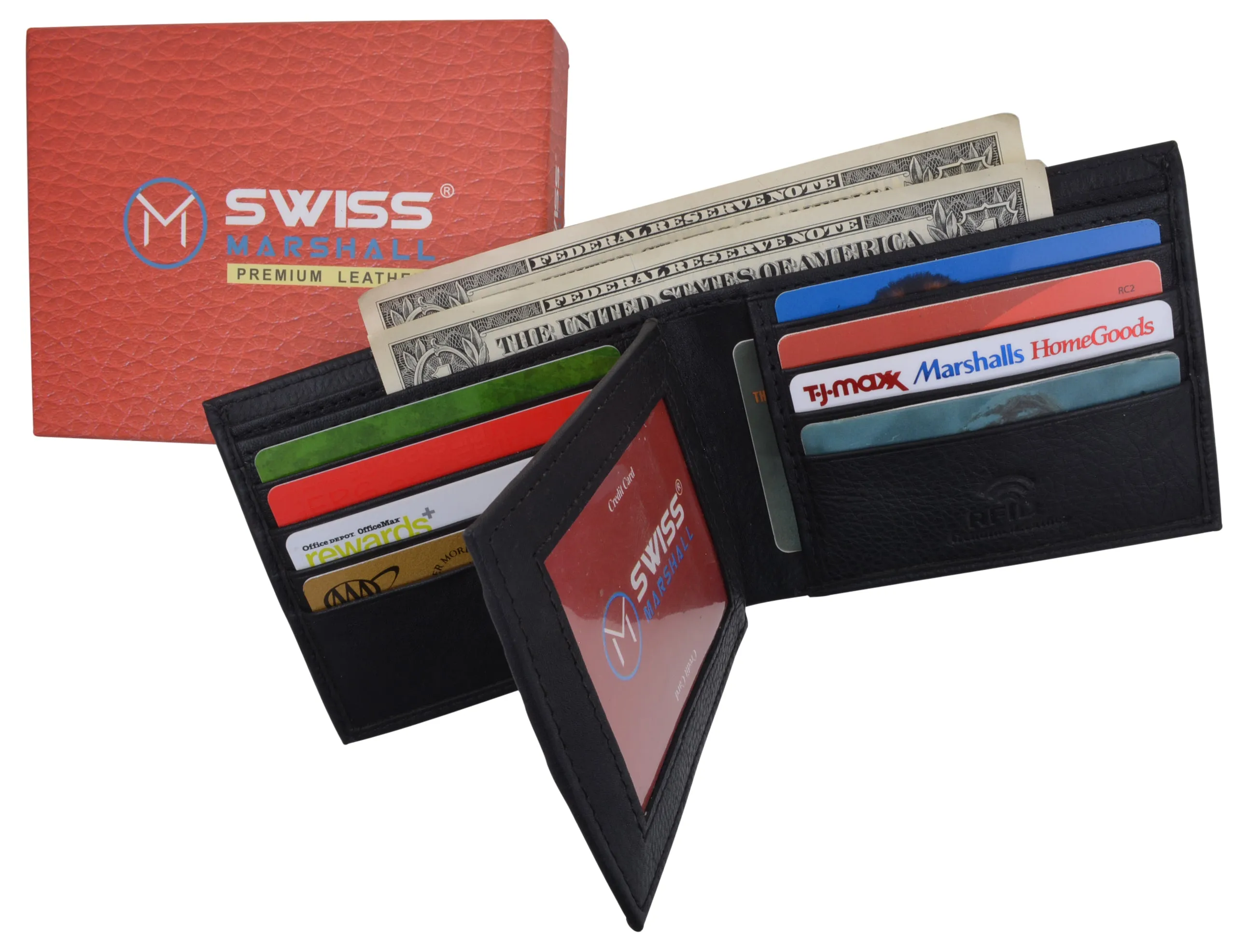 Swiss Marshall RFID Blocking Premium Leather Bifold Center Flap Card ID Wallet Gift Box