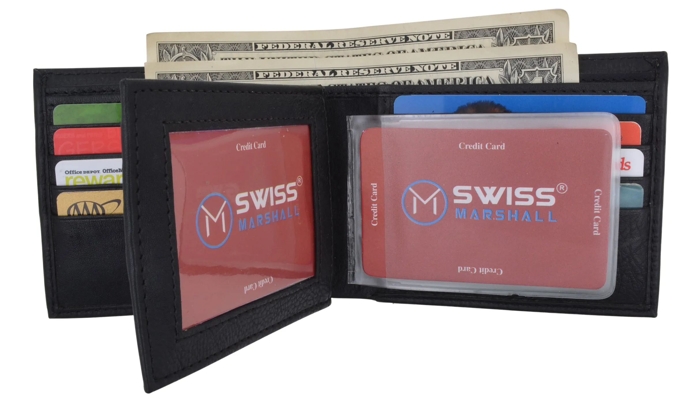 Swiss Marshall RFID Blocking Premium Leather Bifold Center Flap Card ID Wallet Gift Box