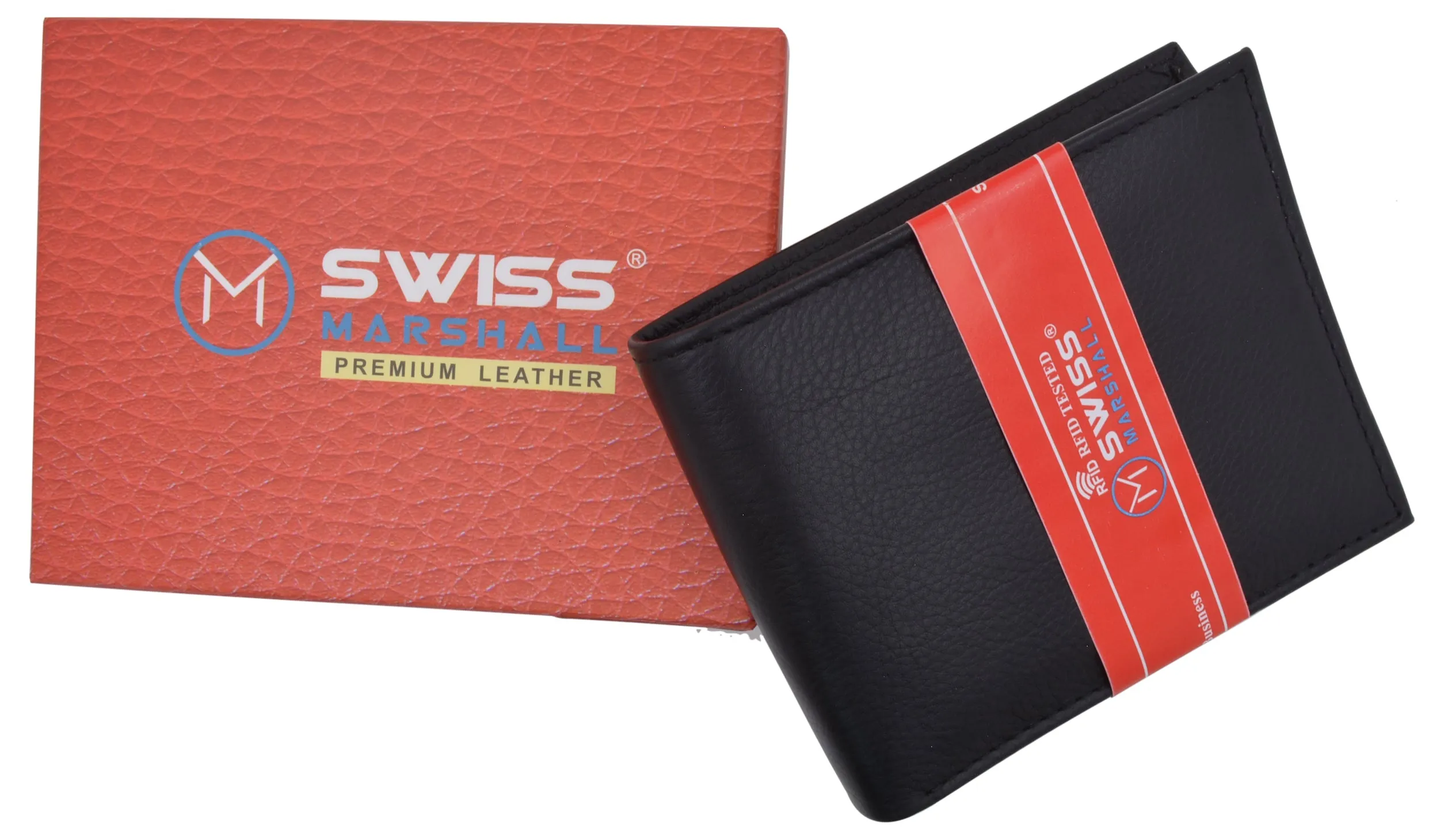 Swiss Marshall RFID Blocking Premium Leather Bifold Center Flap Card ID Wallet Gift Box