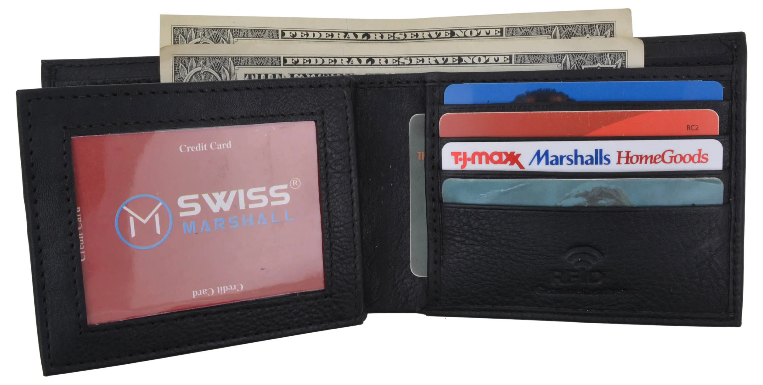 Swiss Marshall RFID Blocking Premium Leather Bifold Center Flap Card ID Wallet Gift Box
