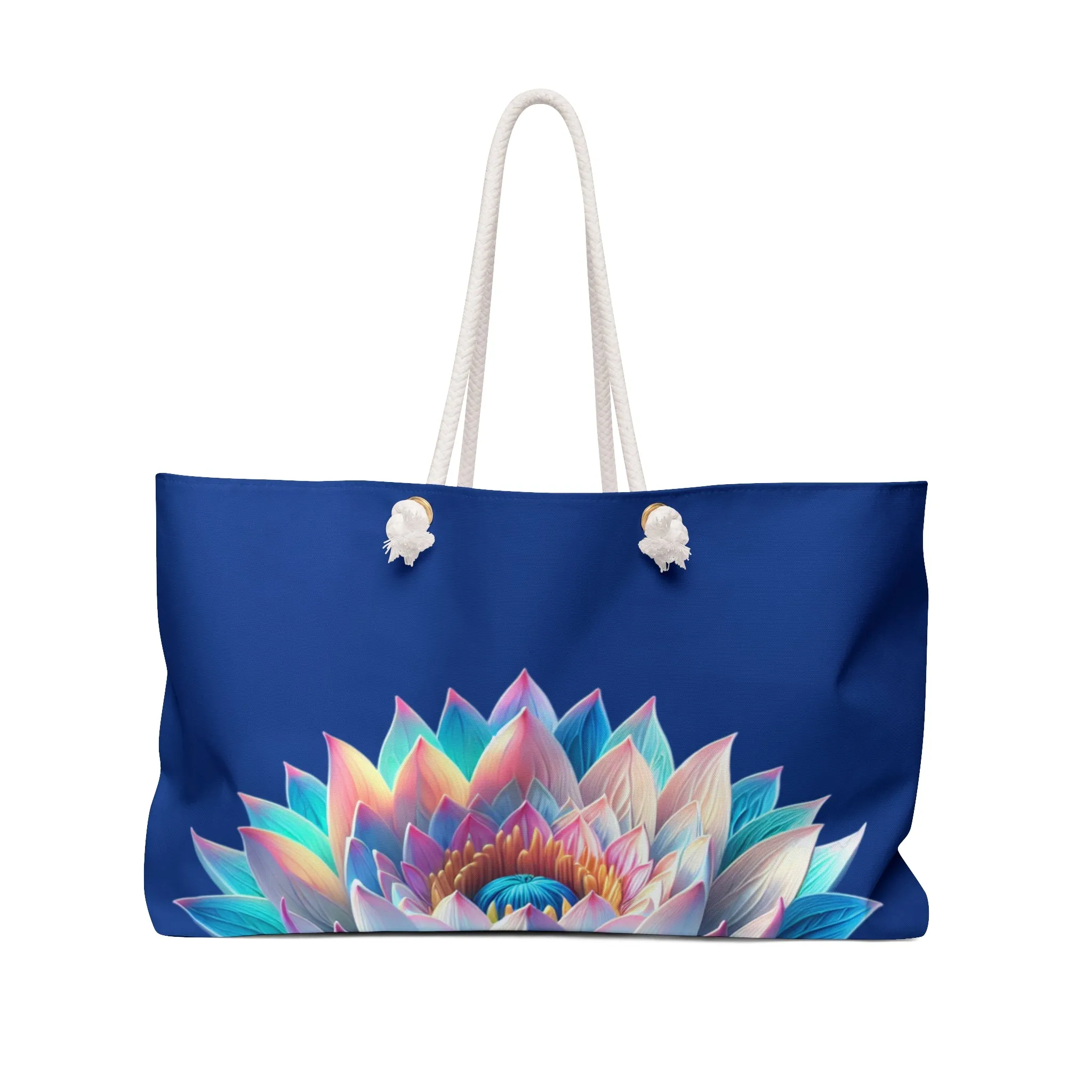 Tote Bag: Lotus Reflection Asymmetric Weekender Bag in Lake Blue - Perfect for Travel & Yoga Retreats