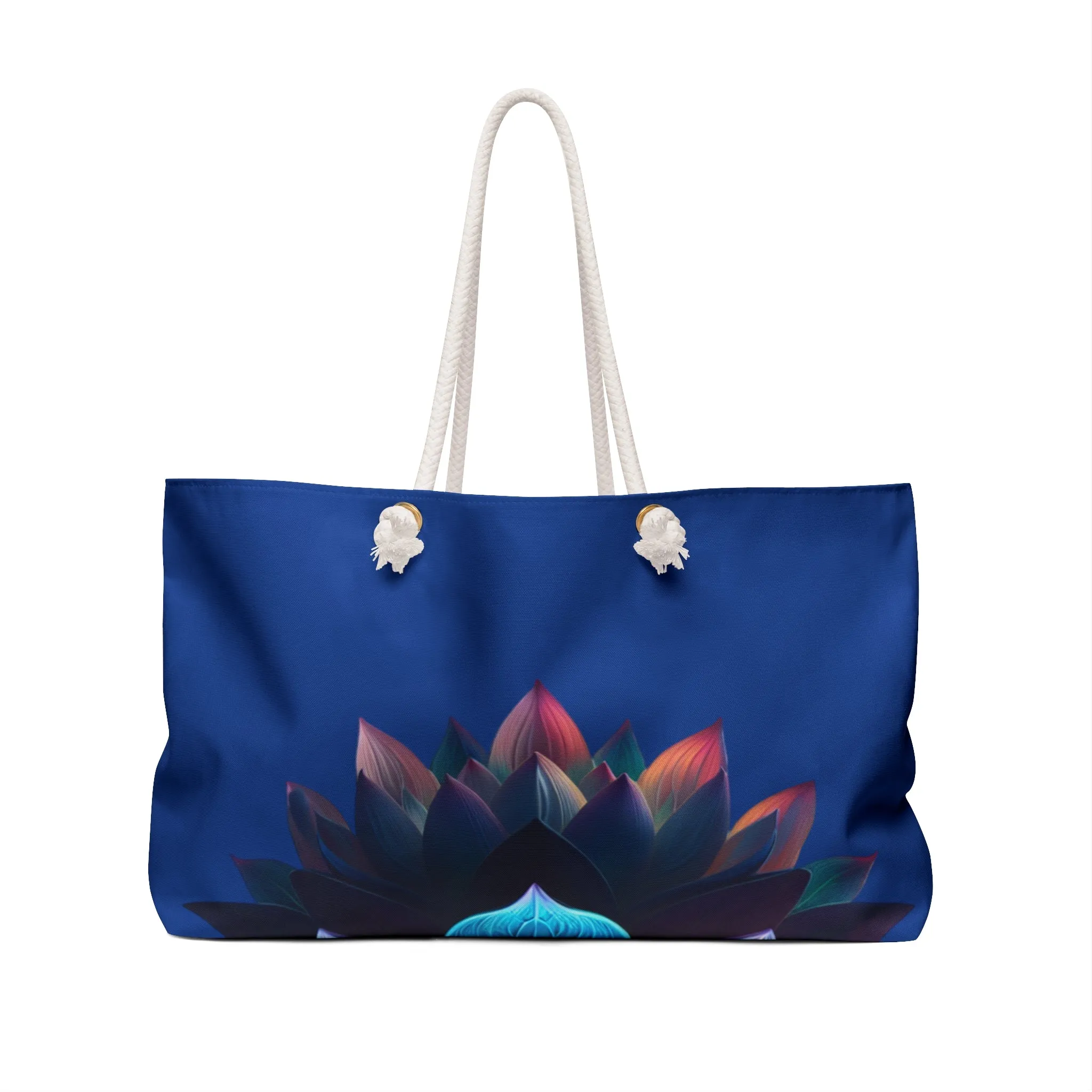 Tote Bag: Lotus Reflection Asymmetric Weekender Bag in Lake Blue - Perfect for Travel & Yoga Retreats