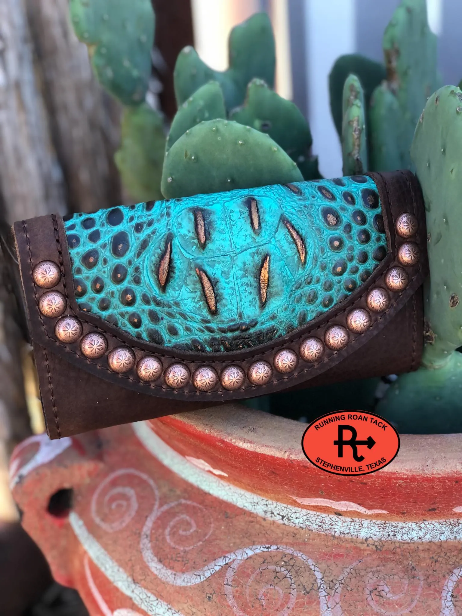Trifold Wallet with Inlaid Turquoise/Copper Croc and Copper Dots