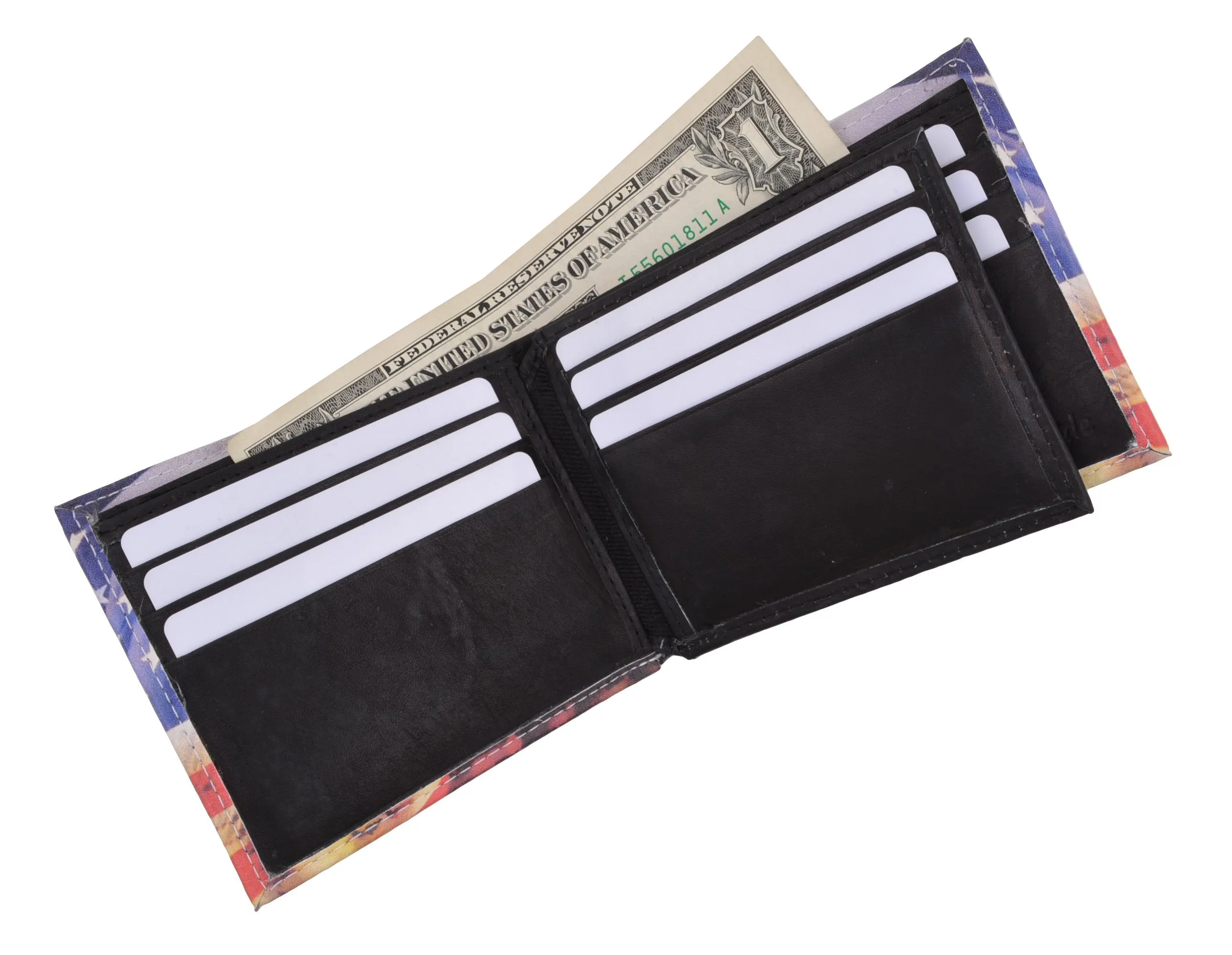 USA Flag Men's Genuine Leather Bifold Multi Card ID Center Flap Wallet 1246-15