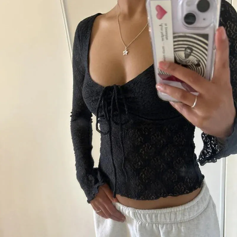 V Neck Chic French Skinny Sexy Tee Shirts Female Drawstring Vintage Fashion Short Top Y2K Party Lace Shirts Clothing
