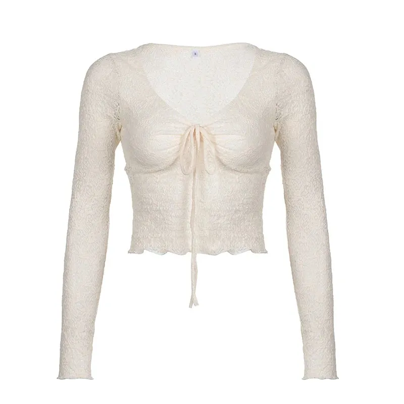V Neck Chic French Skinny Sexy Tee Shirts Female Drawstring Vintage Fashion Short Top Y2K Party Lace Shirts Clothing