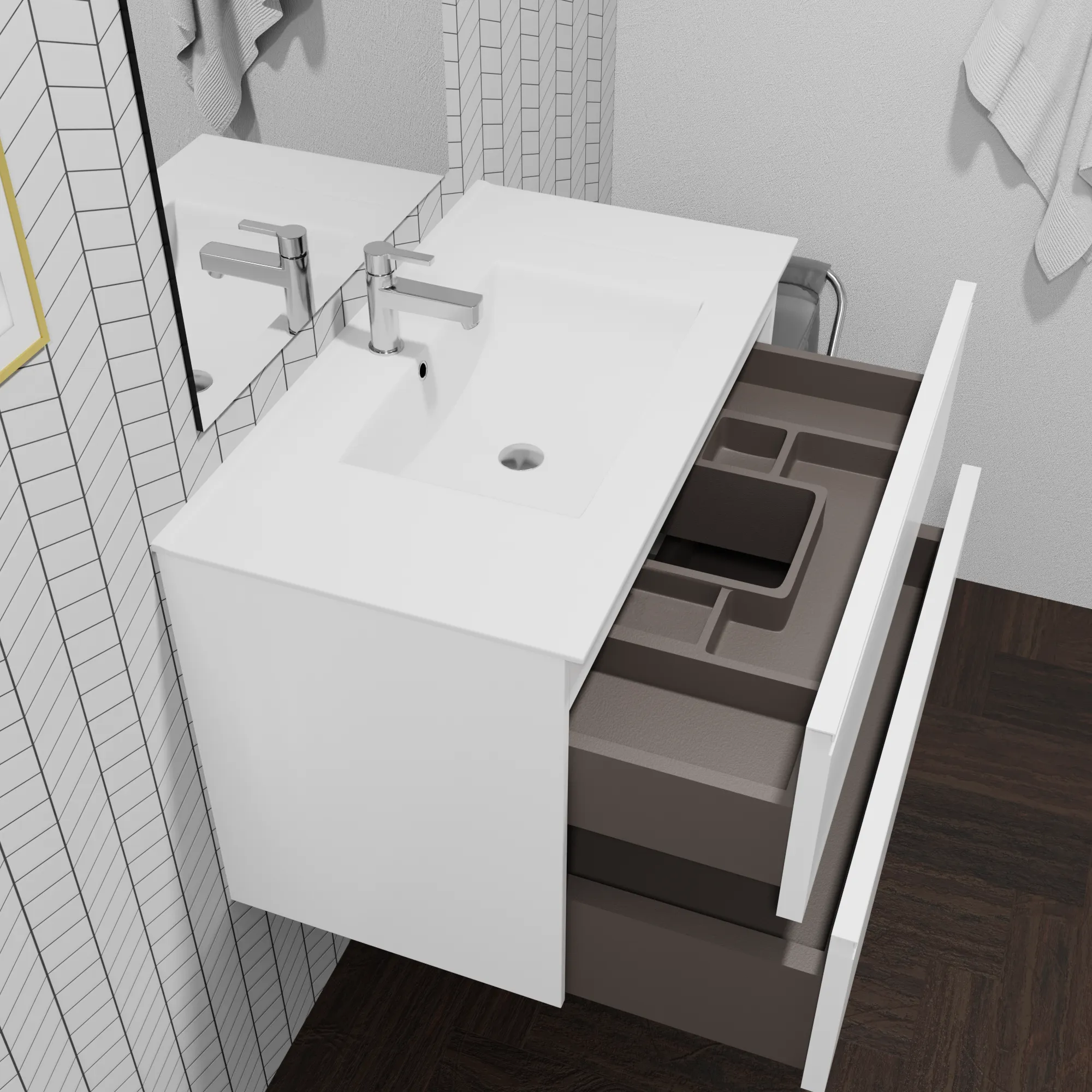 Wall-mount Vanity 32" x 18" 2 Drawers in High Gloss White