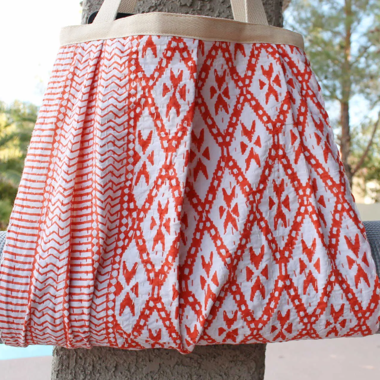 Yoga Mat Bag | Kantha Quilt Design | Orange Geometric