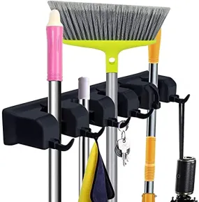 Zollyss Mop And Broom Holder Wall Mount, Heavy Duty Broom Holder Wall Mounted Or Tool Organizer For Home Garden Garage And Storage (5 Positions With 6 Hooks, Black,Plastic)