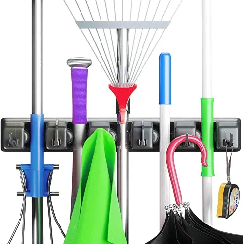 Zollyss Mop And Broom Holder Wall Mount, Heavy Duty Broom Holder Wall Mounted Or Tool Organizer For Home Garden Garage And Storage (5 Positions With 6 Hooks, Black,Plastic)
