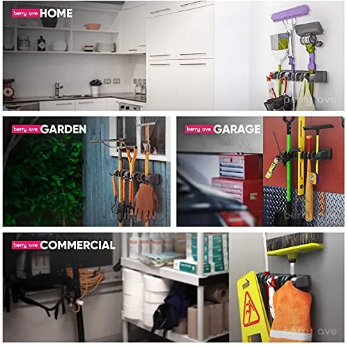 Zollyss Mop And Broom Holder Wall Mount, Heavy Duty Broom Holder Wall Mounted Or Tool Organizer For Home Garden Garage And Storage (5 Positions With 6 Hooks, Black,Plastic)