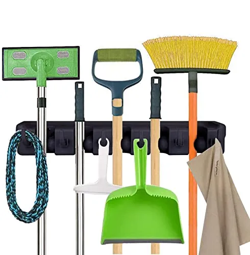 Zollyss Mop And Broom Holder Wall Mount, Heavy Duty Broom Holder Wall Mounted Or Tool Organizer For Home Garden Garage And Storage (5 Positions With 6 Hooks, Black,Plastic)